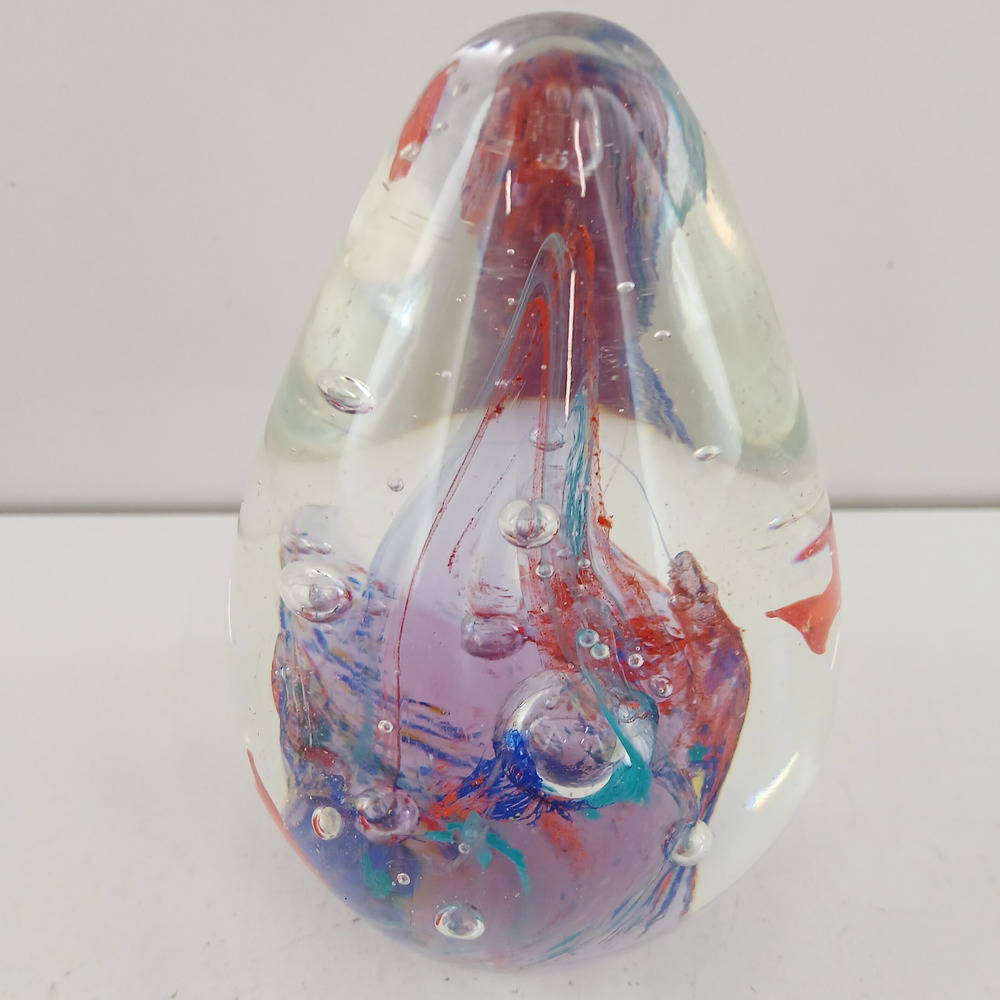 Art Glass Hand Blown Paperweight Teardrop Shape w/ Fish Blue Red Swirl Decor 4"